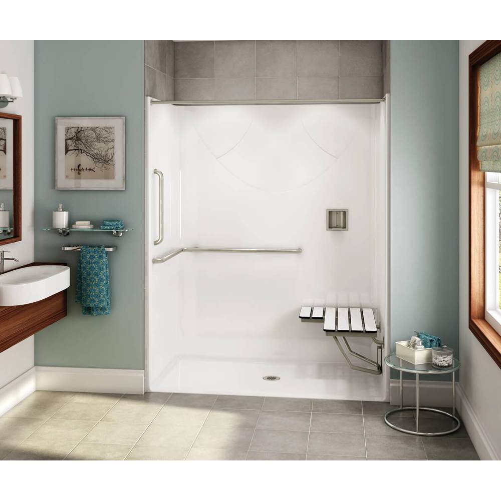 Fixtures, Etc.AkerOPS-6030-RS AcrylX Alcove Center Drain One-Piece Shower in Biscuit - ANSI Grab Bar and seat