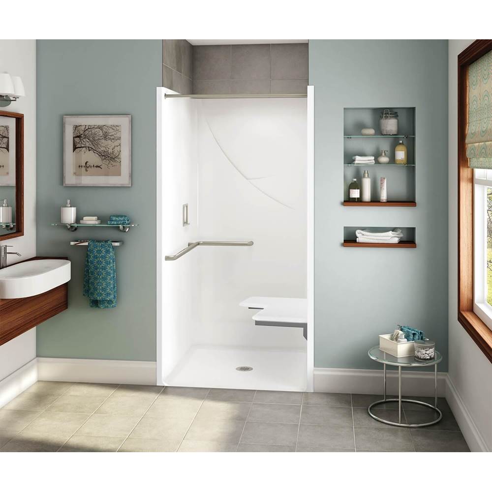 Fixtures, Etc.AkerOPS-3636-RS RRF AcrylX Alcove Center Drain One-Piece Shower in Black - ADA Grab Bar and Seat