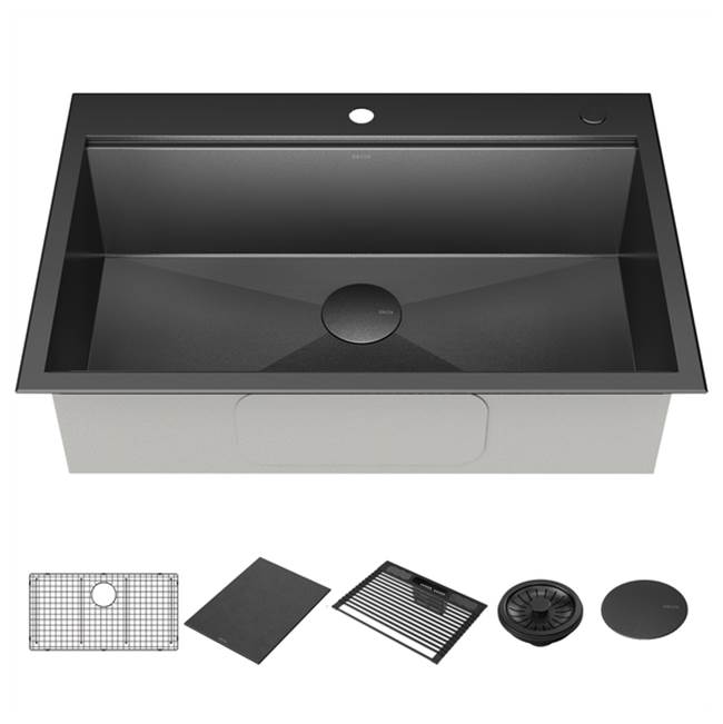 Fixtures, Etc.Delta FaucetDelta® Rivet™ 33'' Workstation Kitchen Sink Drop-In Top Mount 16 Gauge Stainless Steel Single Bowl in PVD Gunmetal Finish with WorkFlow™ Ledge and Accessories