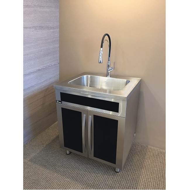 Fixtures, Etc.DawnDawn® Stainless Steel Sink Base Cabinet with Built in Garbage Can with Black Tempered Glass Panels