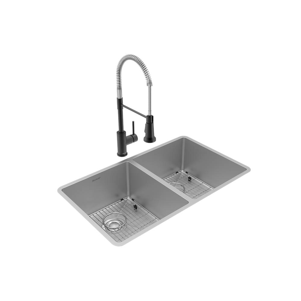 Fixtures, Etc.ElkayCrosstown 18 Gauge Stainless Steel 31-1/2'' x 18-1/2'' x 9'', Equal Double Bowl Undermount Sink and Faucet Kit with Bottom Grid and Drain