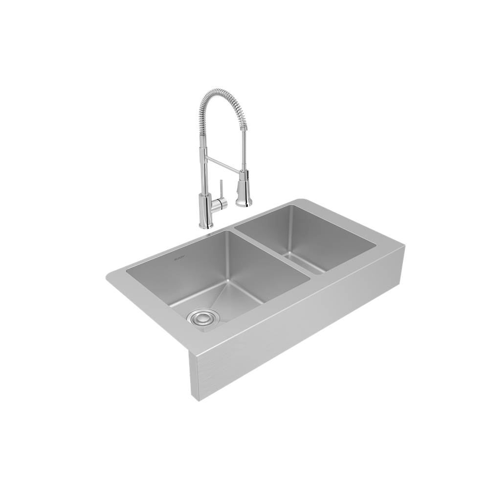Fixtures, Etc.ElkayCrosstown 18 Gauge Stainless Steel 35-7/8'' x 20-1/4'' x 9'', 60/40 Double Bowl Farmhouse Sink and Faucet Kit with Drain