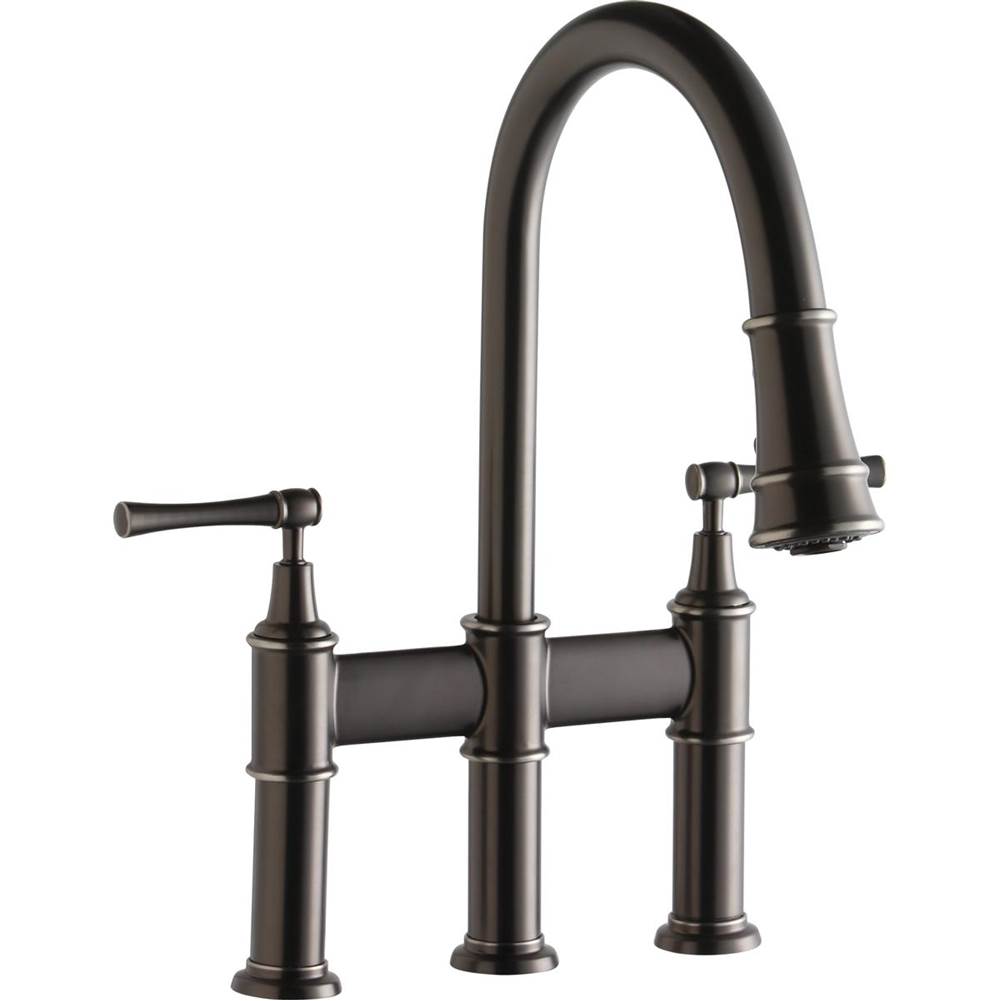 Fixtures, Etc.ElkayExplore Three Hole Bridge Faucet with Pull-down Spray and Lever Handles Antique Steel