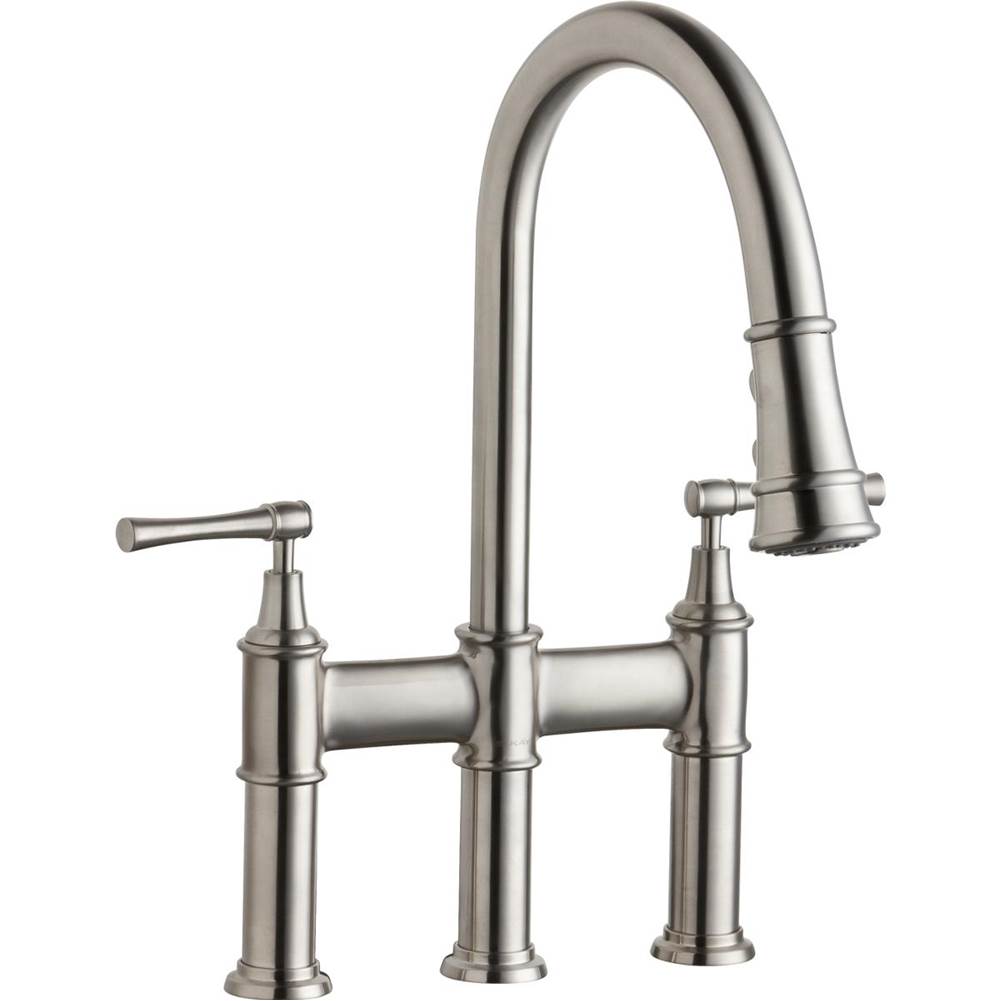 Fixtures, Etc.ElkayExplore Three Hole Bridge Faucet with Pull-down Spray and Lever Handles Lustrous Steel