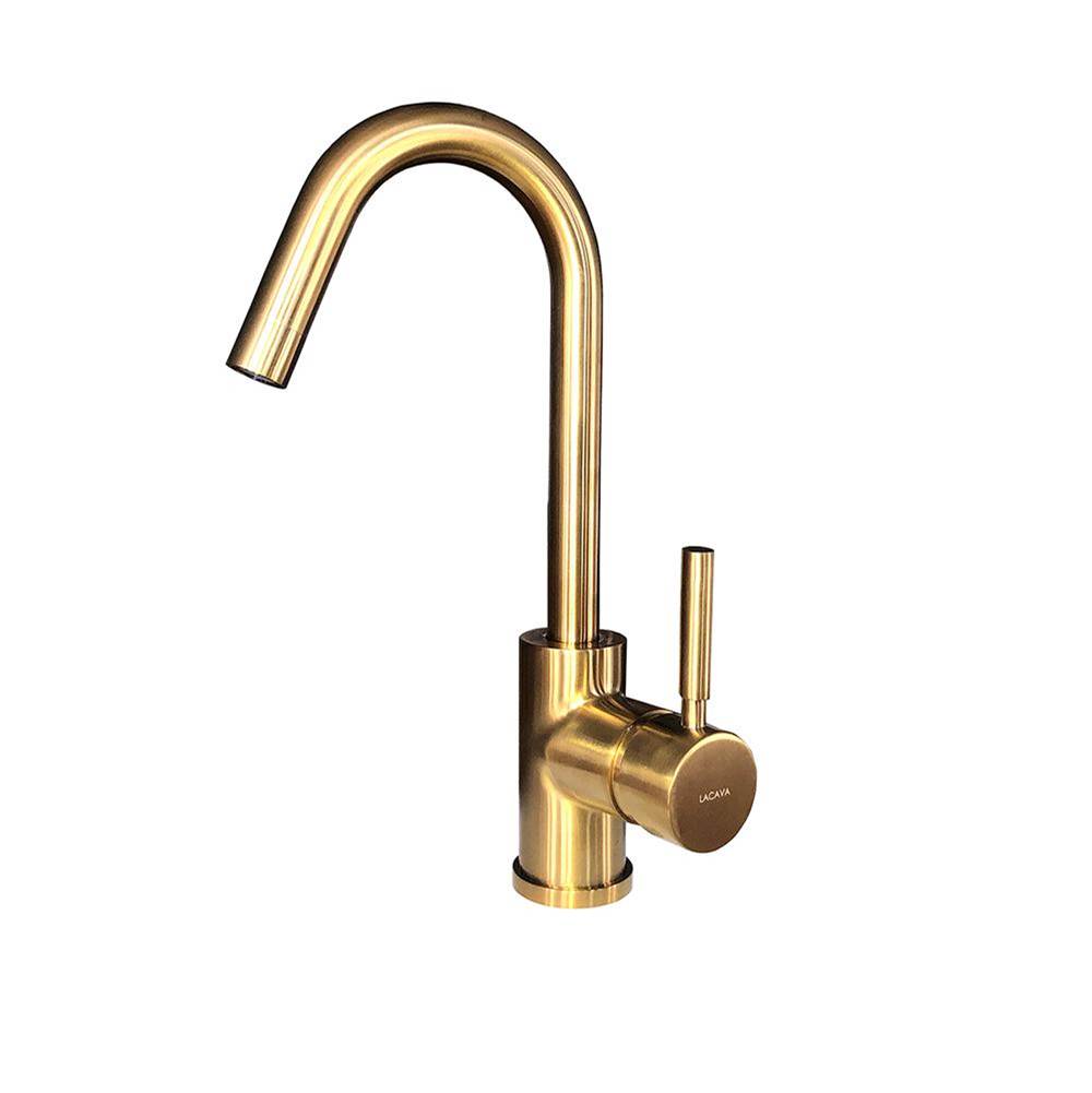 Fixtures, Etc.LacavaDeck-mount single-hole faucet with a goose-neck swiveling spout, one lever handle, and a pop-up drain.