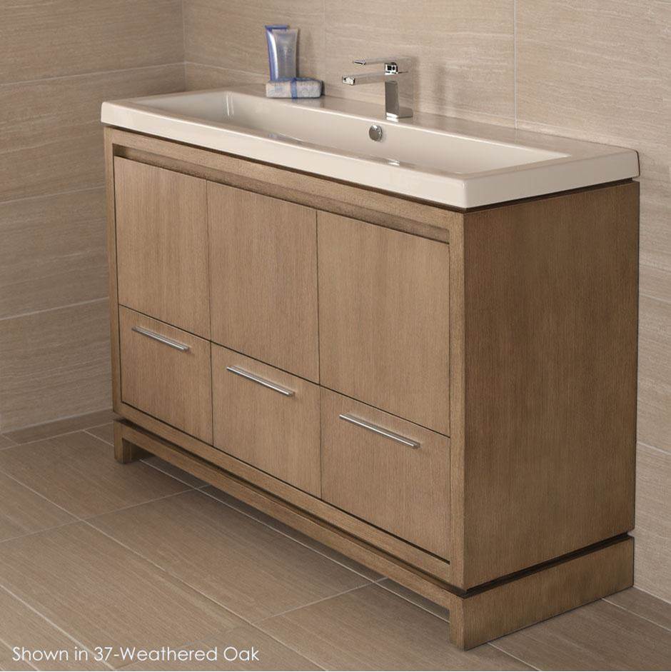 Fixtures, Etc.LacavaFree-standing under-counter vanity with finger pulls across top doors and polished chrome pulls across bottom drawers