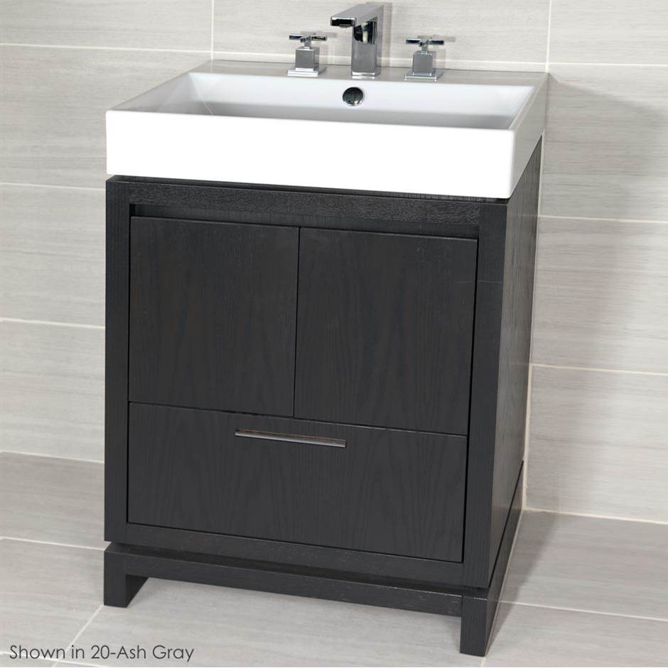 Fixtures, Etc.LacavaFree-standing under-counter vanity with finger pulls across top doors and polished chrome pull across bottom drawer.