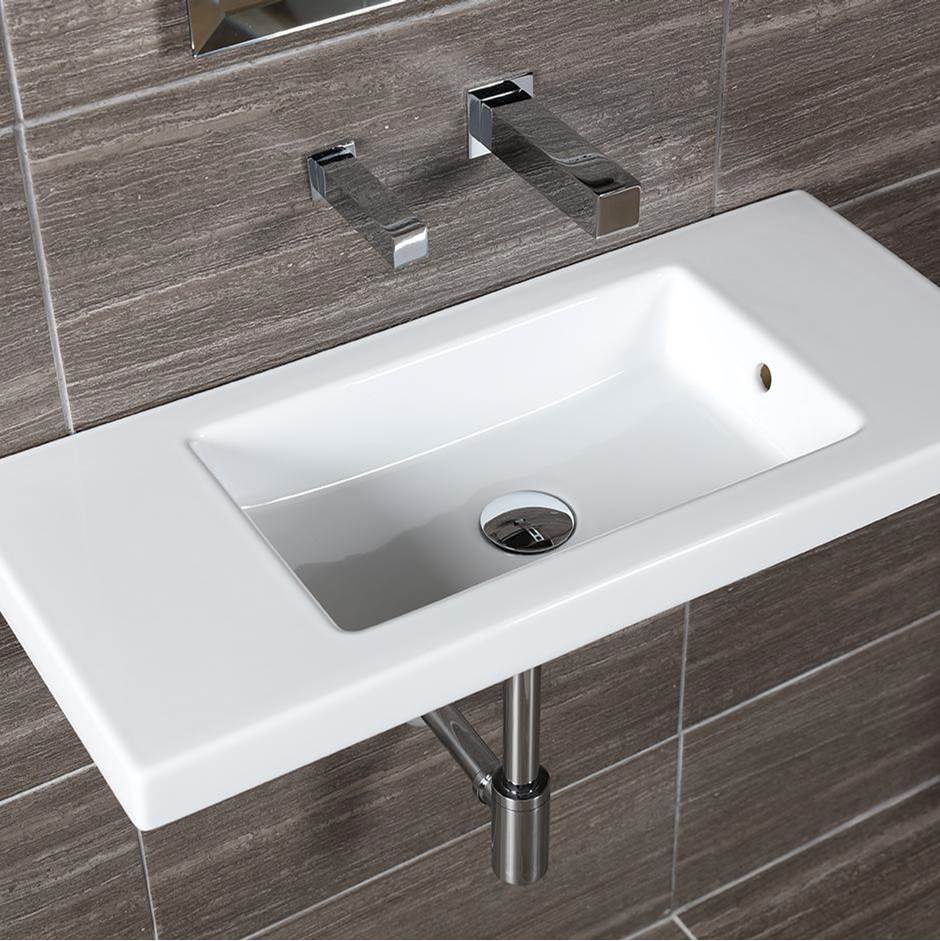 Fixtures, Etc.LacavaWall-mount, vanity top or self-rimming porcelain Bathroom Sink with an overflow. No faucet holes. W:31 5/8'', D: 13 7/8'', H: 5 3/4''.