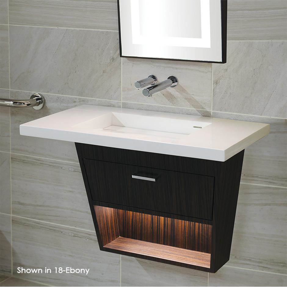 Fixtures, Etc.LacavaWall mount under counter vanity with open cubby fill open door, LED lights, and polished chrome pull.