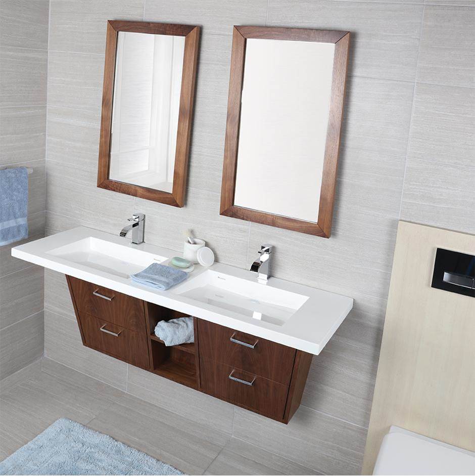 Fixtures, Etc.LacavaWall-mount or vanity-top double Bathroom Sink made of solid surface with an overflow and decorative drain cover.