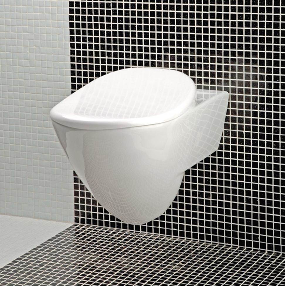 Fixtures, Etc.LacavaWall-hung porcelain toilet for concealed flushing system, includes a seat cover.W: 14 3/4''
D: 21 5/8'' H: 13 3/4''.