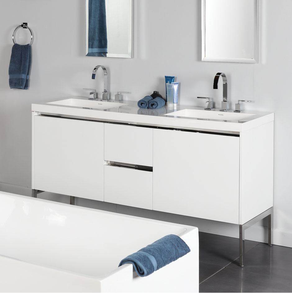 Fixtures, Etc.LacavaWall-mount under-counter double vanity with a notch-back large drawer on left and right, and two small drawers on the center.