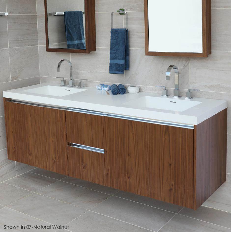 Fixtures, Etc.LacavaWall-mount under-counter double vanity with , a notch-back large drawer on left and right, and two small drawers on the center.