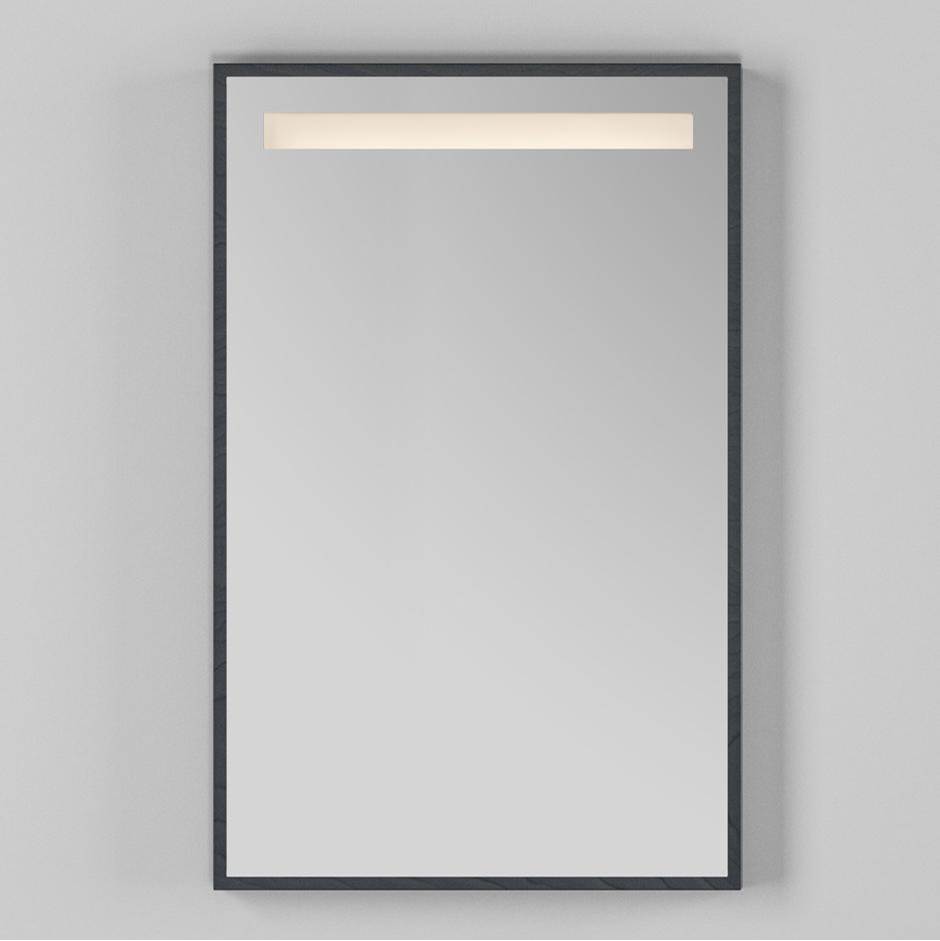 Fixtures, Etc.LacavaWall-mount mirror in wooden or metal frame with LED light behind sand blasted frosted section on top. W:23'', H:34'', D: 2''.